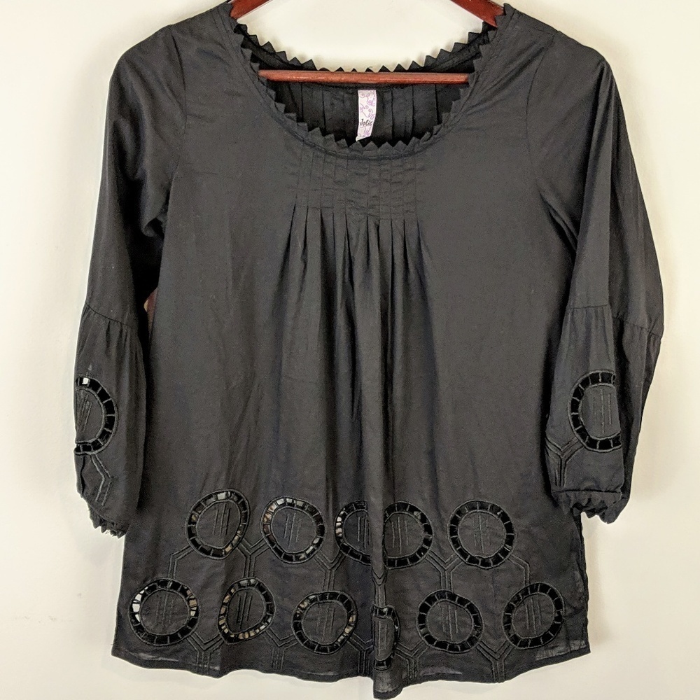 Jolie‎ Womens Geometric Cut Out Pleated Top Size S Black 3/4 Balloon Sleeve Boho